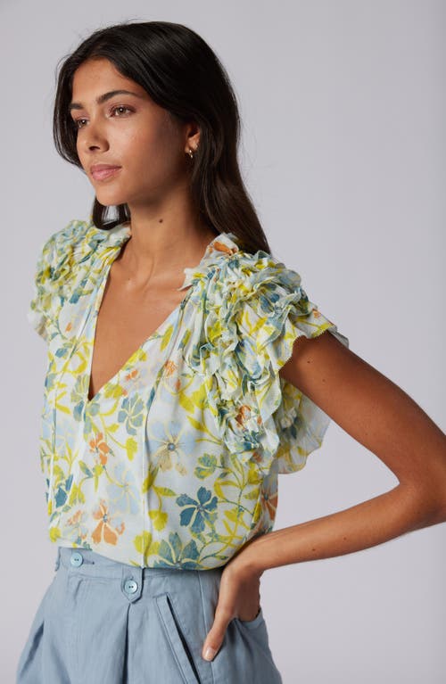 Shop Joie Tezza Floral Split Neck Ruffle Sleeve Silk Blouse In Cerulean Multi