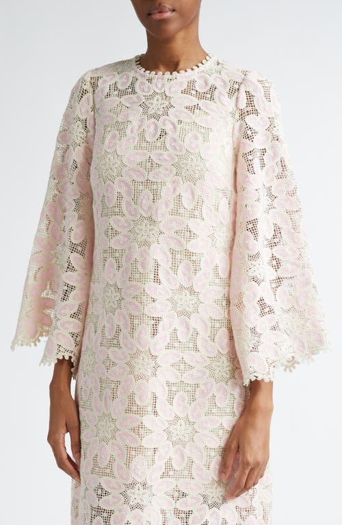 Shop Zimmermann Ottie Long Sleeve Guipure Lace Cotton Blend Midi Dress In Cream/pink