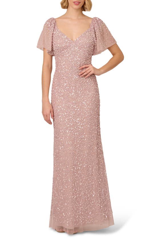 ADRIANNA PAPELL BEADED SEQUIN MESH GOWN