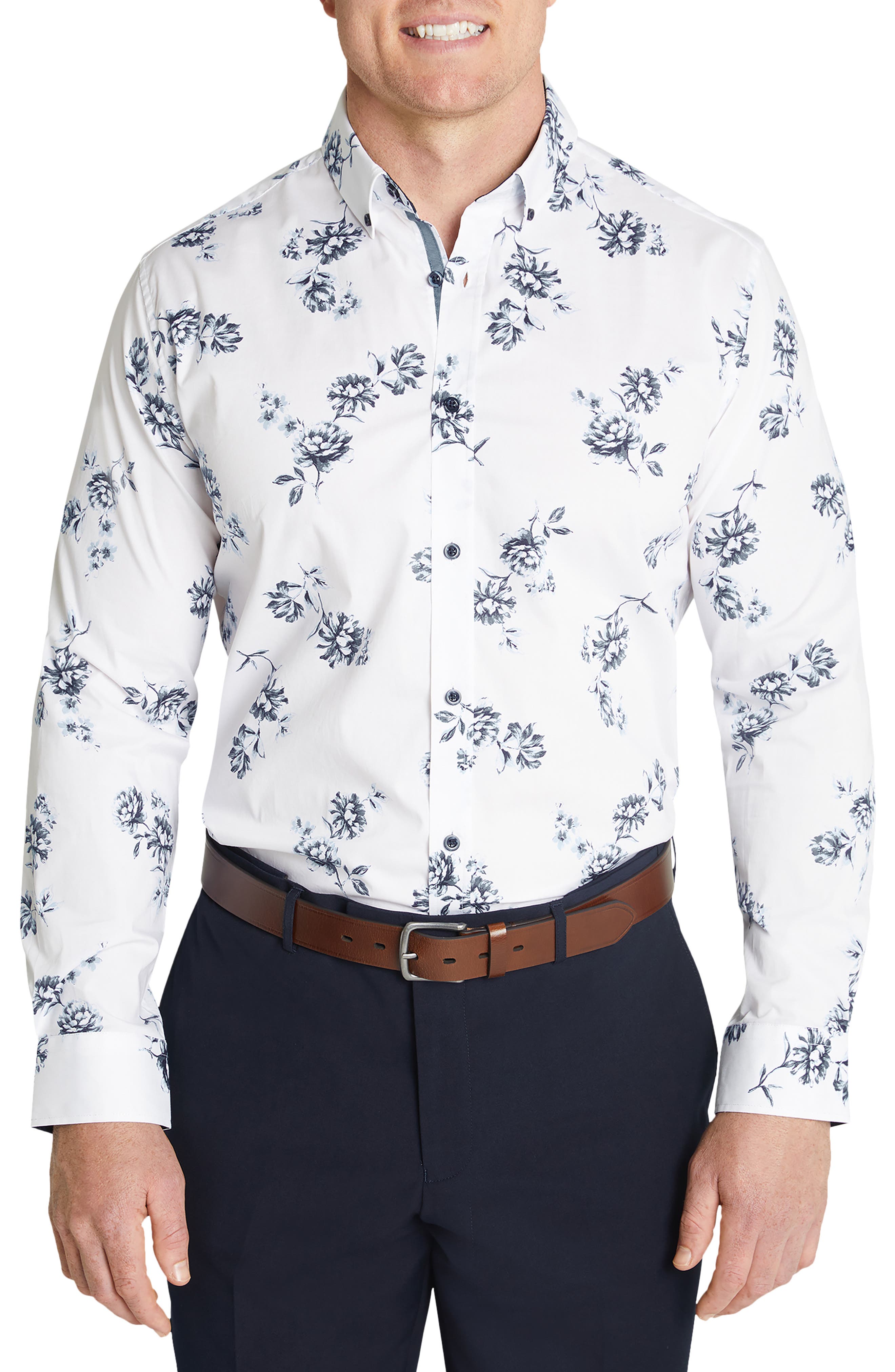 Johnny Bigg Tropez Floral Stretch Cotton Button-Down Shirt in Blue