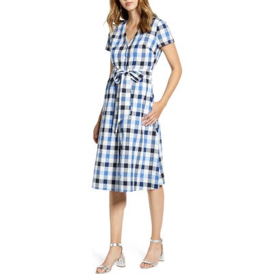 Petite 1901 Check Tie Waist Short Sleeve Dress, Blue