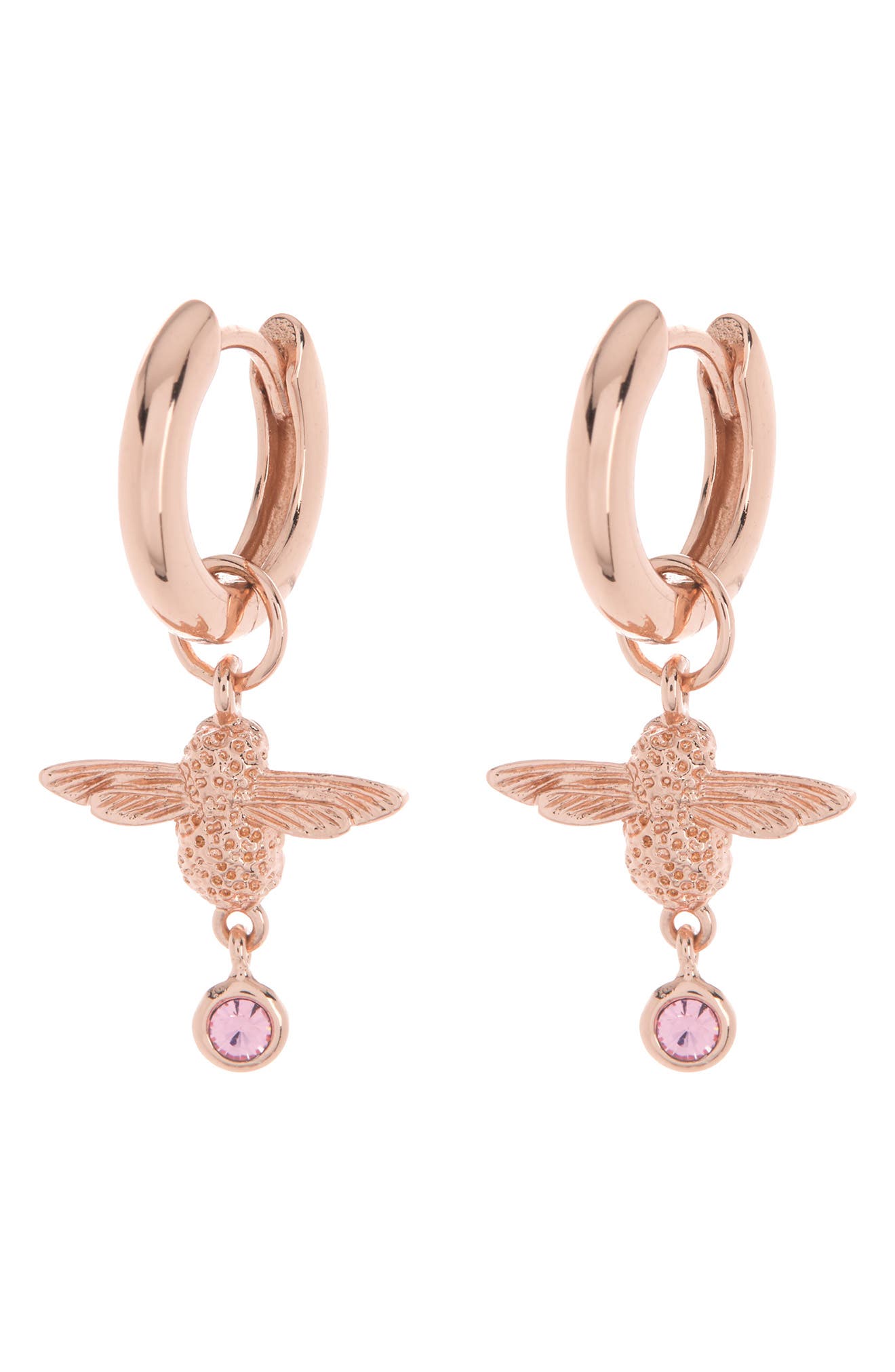 Olivia Burton Rose Gold Plated Bee Pink Crystal Huggie Earrings