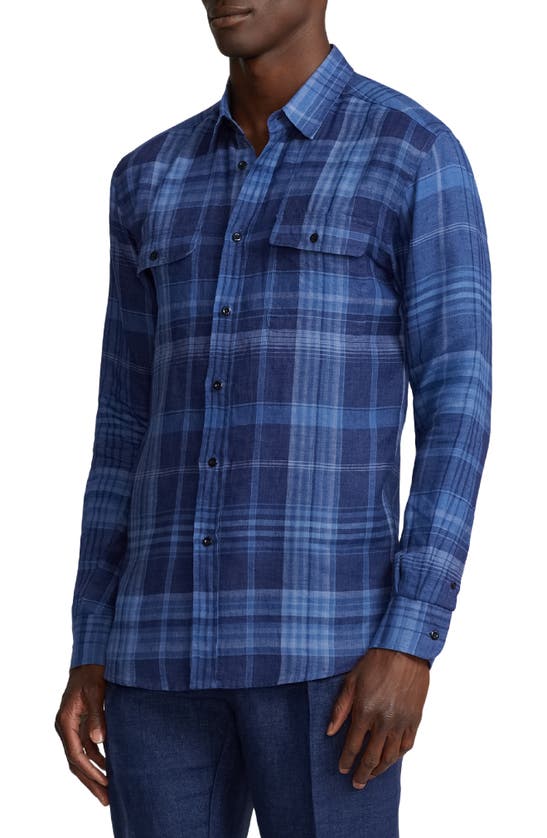 Shop Ralph Lauren Purple Label Cooper Plaid Linen Sport Shirt In Indigo Blue Multi