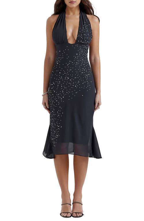 HOUSE OF CB Jovanna Plunge Halter Midi Cocktail Dress in Navy at Nordstrom, Size Medium