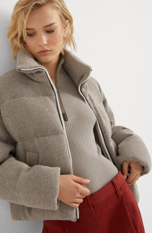 Shop Brunello Cucinelli Cashmere English Rib Knit Down Jacket With Shiny Trims In Cool Beige