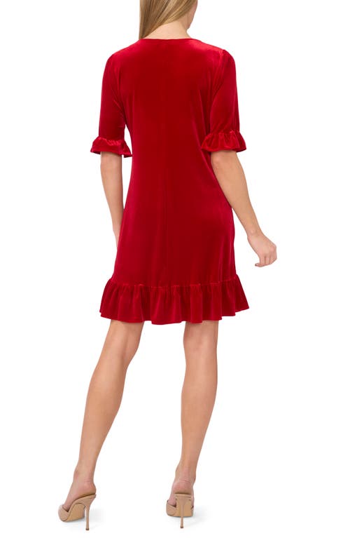 Cece V Neck Elbow Sleeve Velvet Minidress In Luminous Red