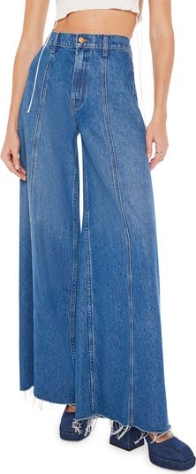 High Waist Raw Hem Frayed Ruffle Trim Flare Leg Jeans