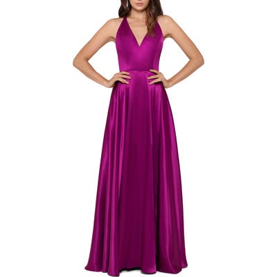 Betsy & Adam Tie Back Satin Princess Gown, Pink