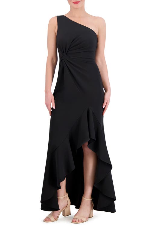 Ruffle Detail One-Shoulder High-Low Gown in Black