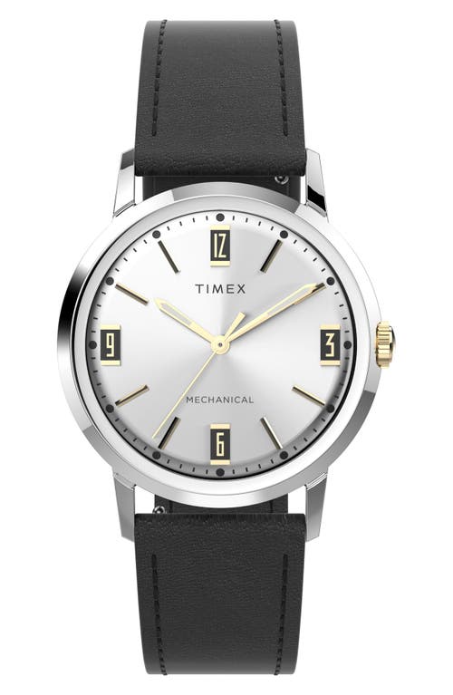 Timex Marlin Mechanical Leather Strap Watch, 34mm in Silver/Silver/Black at Nordstrom