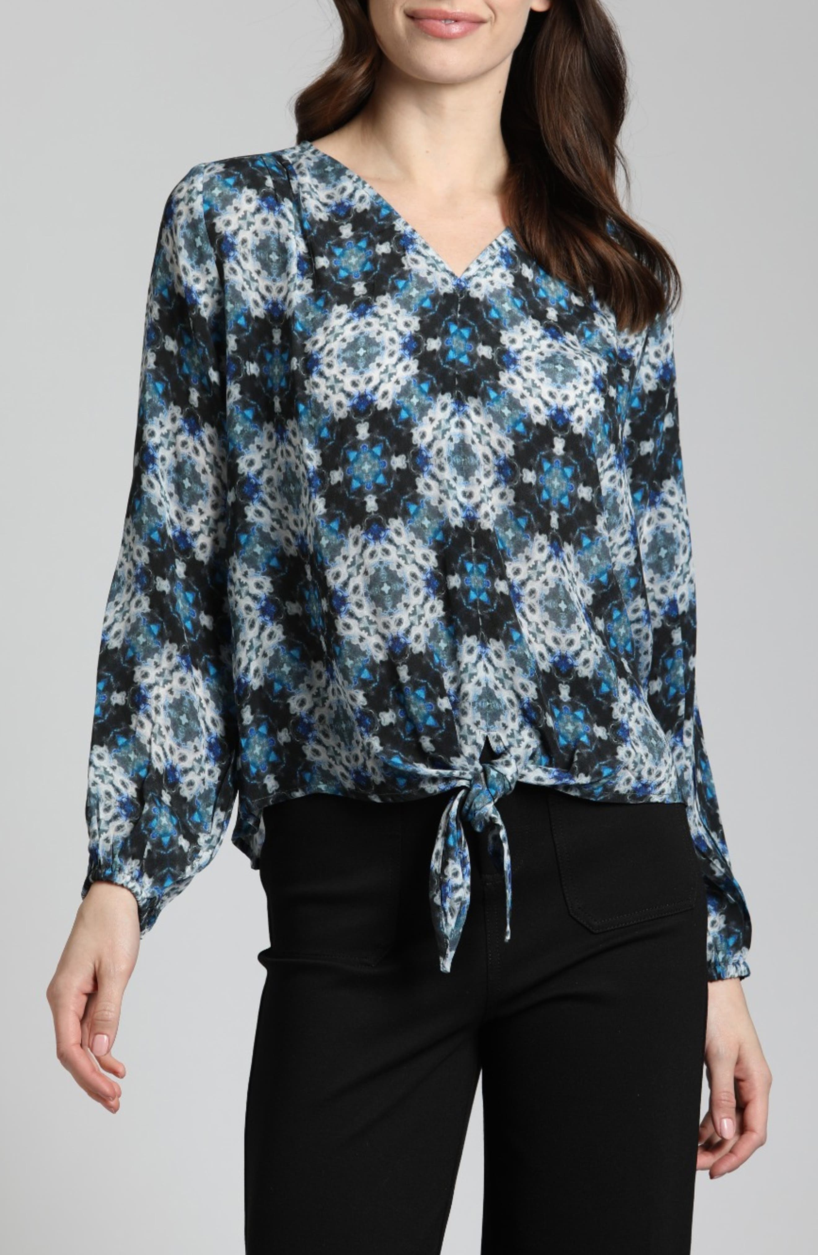 APNY Print Tie Front Top in Blue Multi 