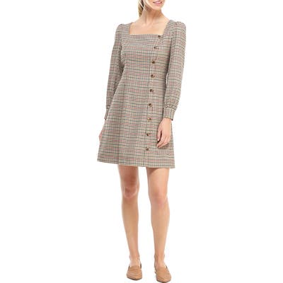 Gal Meets Glam Collection Brooke Houndstooth Check Long Sleeve Dress, Brown