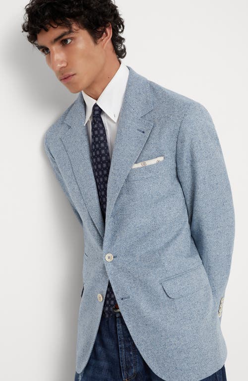 Shop Brunello Cucinelli Flecked Wool, Silk And Cashmere Comfort Chevron Deconstructed Blazer In Azure