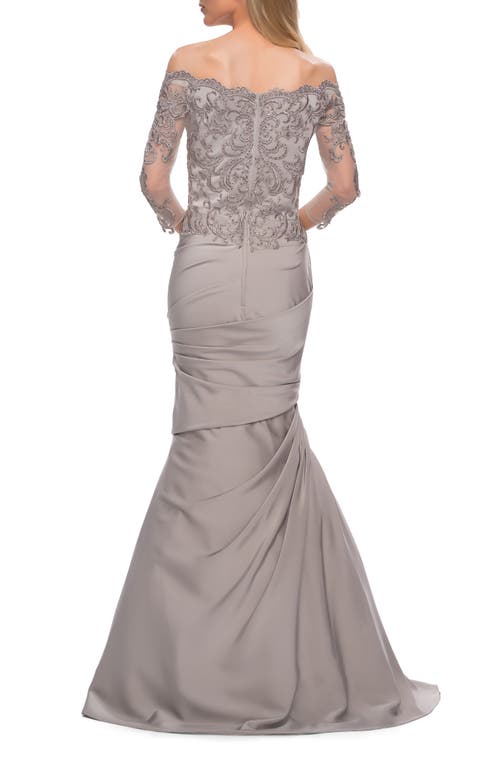 La Femme Satin Mermaid Gown With Off The Shoulder Lace Bodice In Silver In Silver
