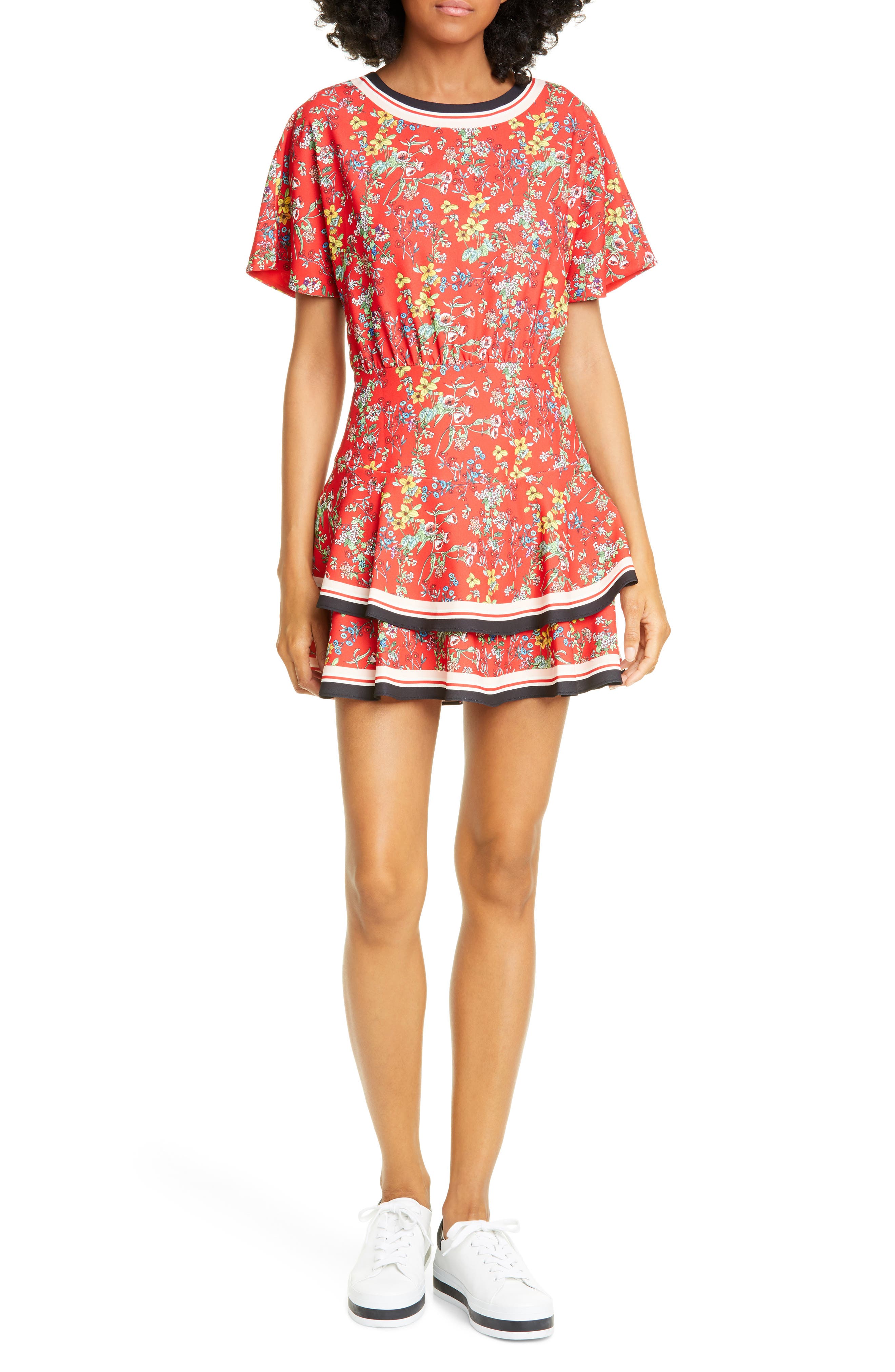Alice + Olivia Palmira Floral Tie Back Tiered Ruffle Dress, Coral