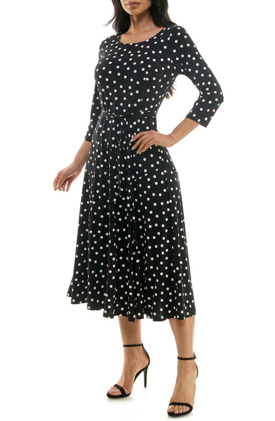 Nina Leonard Boat Neck Midi Dress In Black/white Dot