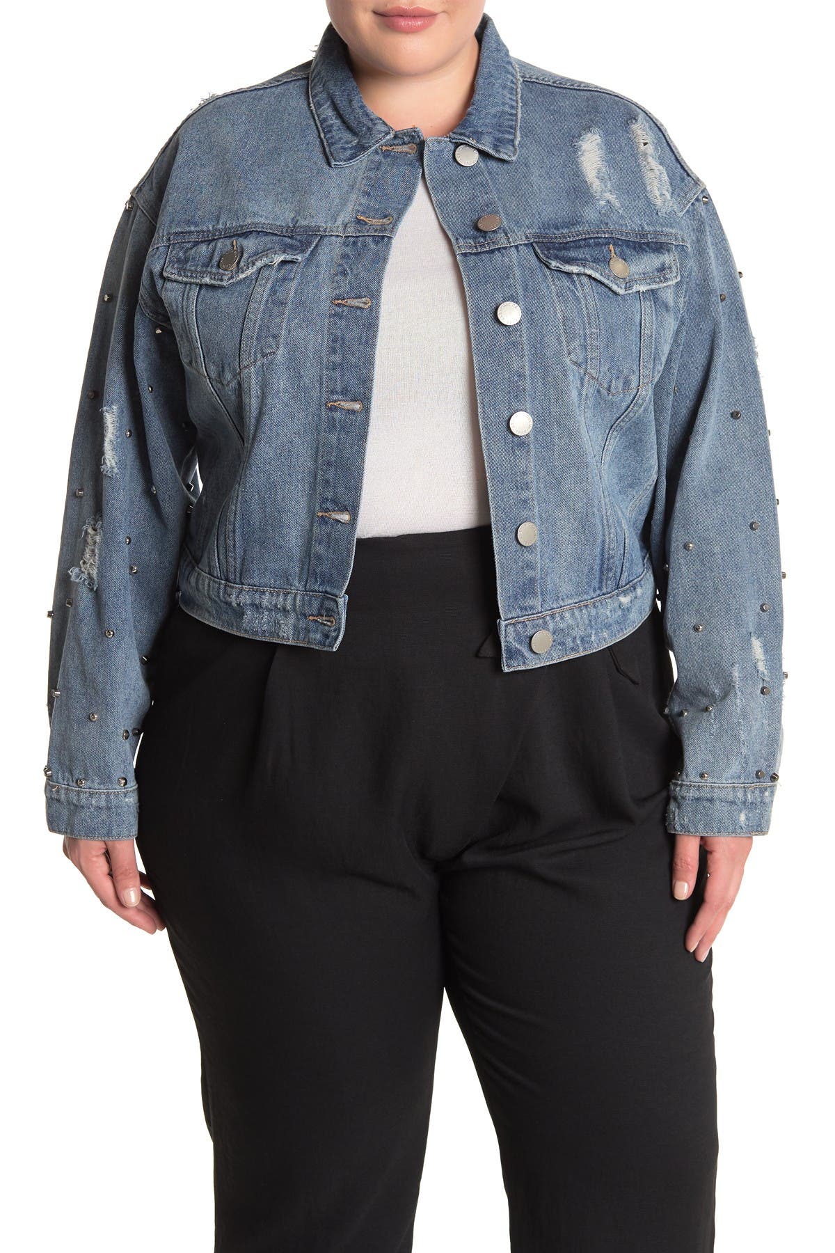 plus size distressed denim shirt