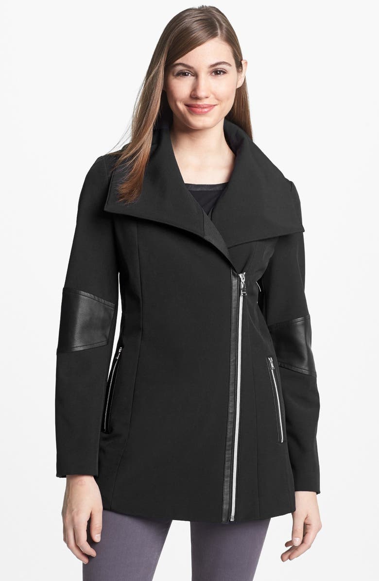 Calvin Klein Asymmetrical Zip Faux Leather Trim Soft Shell Coat | Nordstrom