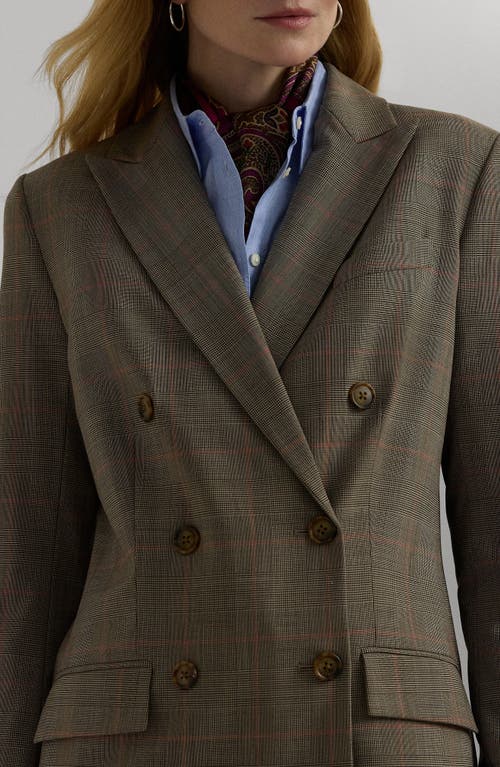 Shop Lauren Ralph Lauren Glen Check Double Breasted Wool Blazer In Brown Multi