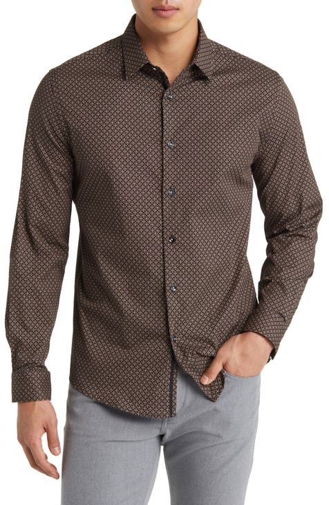 Clover Geometric Print Stretch Cotton Button-Up Shirt
