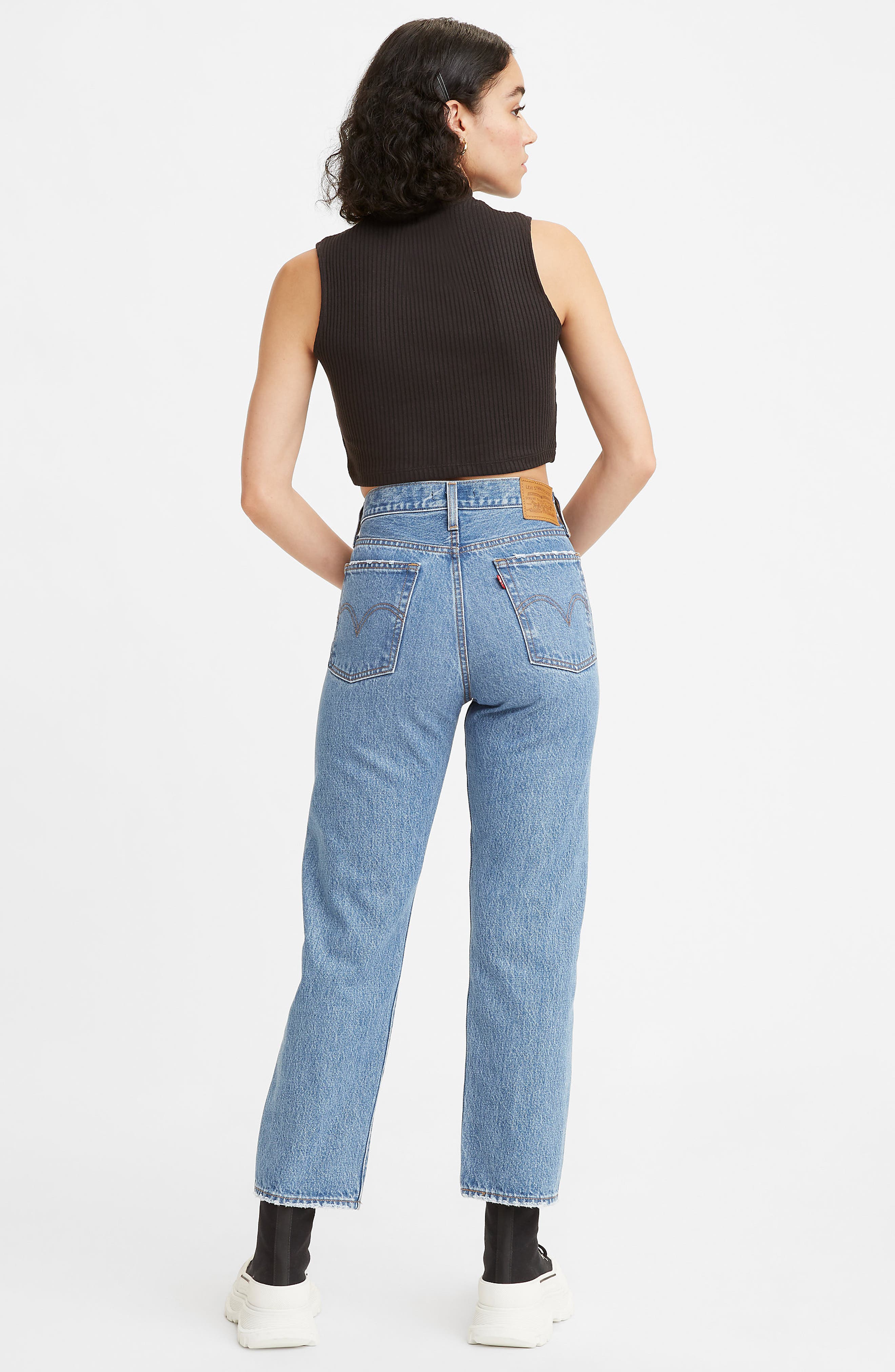 wedgie high waist raw hem crop straight leg jeans