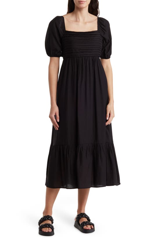Shop August Sky Pleated Square Neck Midi Dress In Black