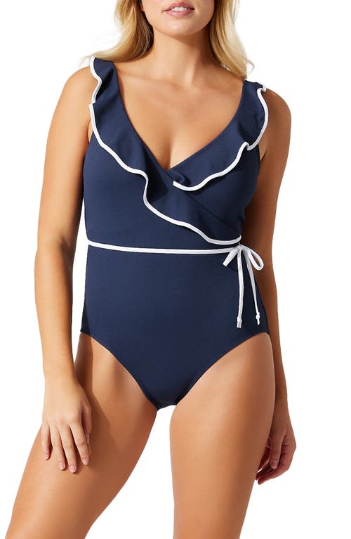 Shop Tommy Bahama Island Cays Cabana Wrap Front One-piece Swimsuit In Mare Navy