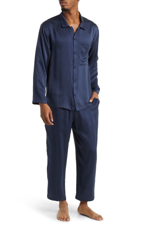 Long Sleeve Washable Silk Pajamas in Deep Blue