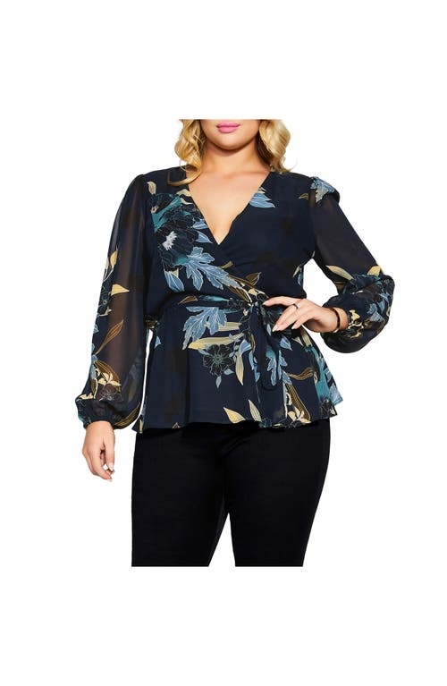 City Chic Maya Faux Wrap Blouse in Navy Bold Bloom