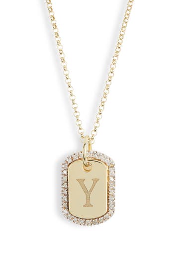 Meshmerise Diamond Initial Dog Tag Pendant Necklace In Gold