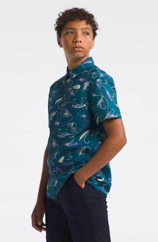 Shop The North Face Kids' Amphibious Print Short Sleeve Button-up Shirt In Blue Moss Gone Fishing Print