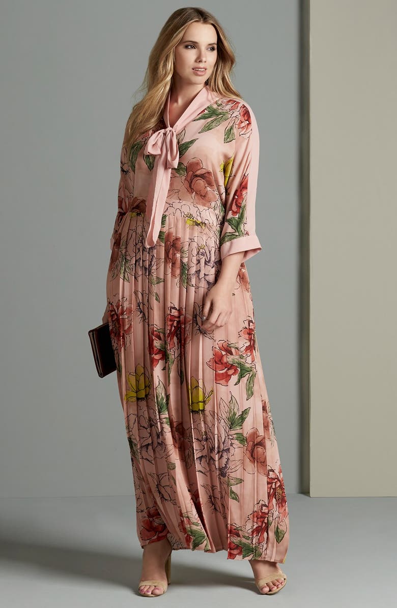 Melissa Mccarthy Seven7 Tie Neck Floral Print Maxi Dress Plus