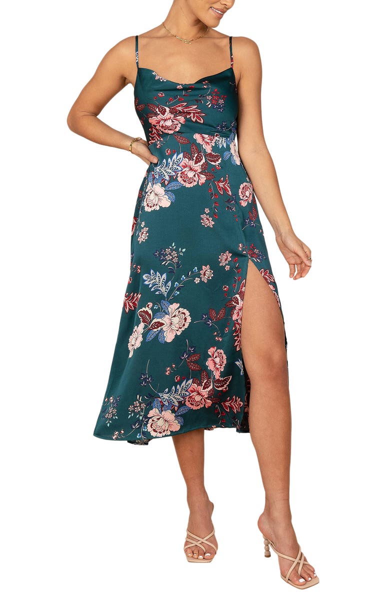 Petal & Pup Alejandra Floral Cowl Neck Satin Midi Slipdress, Main, color, 