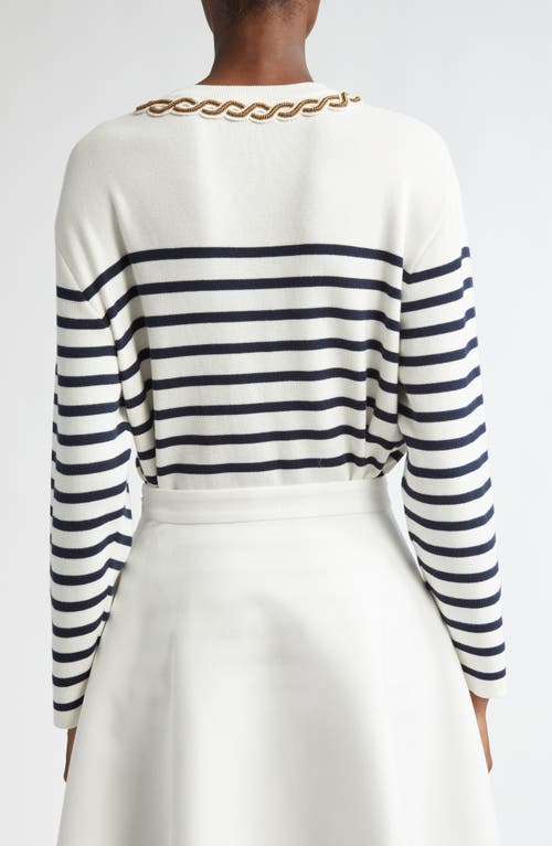 Shop Valentino Garavani Stripe Embellished Cotton Sweater In Navy/avorio