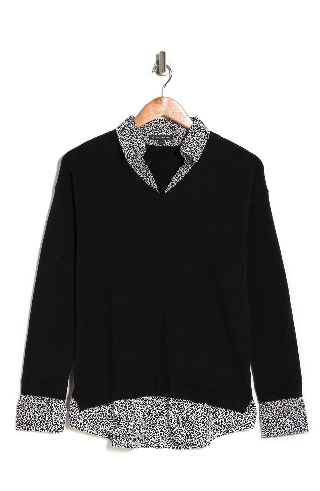 Adrianna Papell Twofer V neck Sweater In Black W Taupe Pin Dot