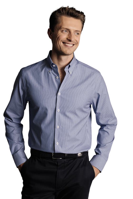 CHARLES TYRWHITT CHARLES TYRWHITT STRIPE NON-IRON BUTTON-DOWN OXFORD SLIM FIT SHIRT SINGLE CUFF