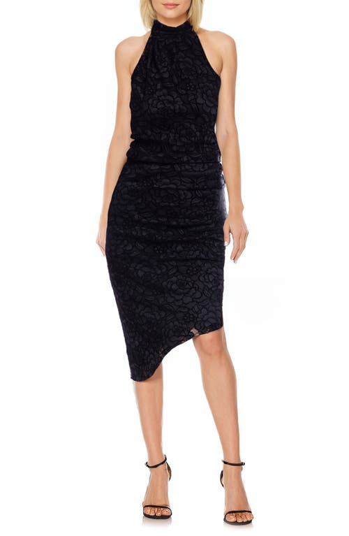 Jewel Badgley Mischka Stretch Lace Asymmetric Body-con Cocktail Dress In Black