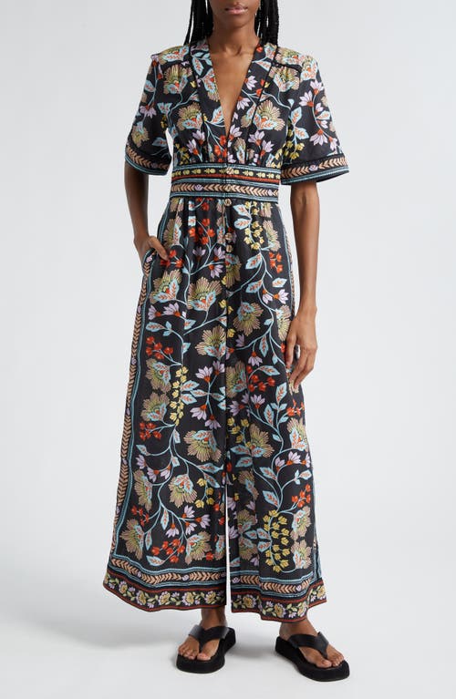 FARM Rio Flowery Button Front Wide Leg Jumpsuit Black at Nordstrom,