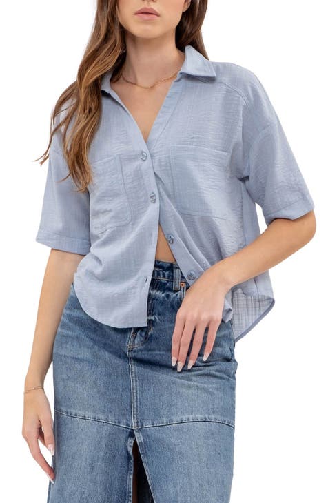 Women Denim Button Down Shirt Short Puff Sleeve Chambray Shirts V