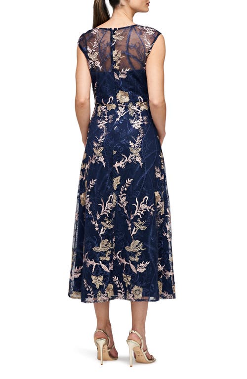 Js Collections Brynn Floral Embroidered Mesh Dress In Navy/blush