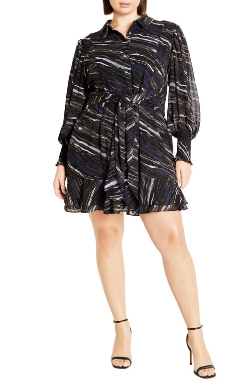 City Chic Lover Stripe Semisheer Long Sleeve Flounce Hem Shirtdress In Marble