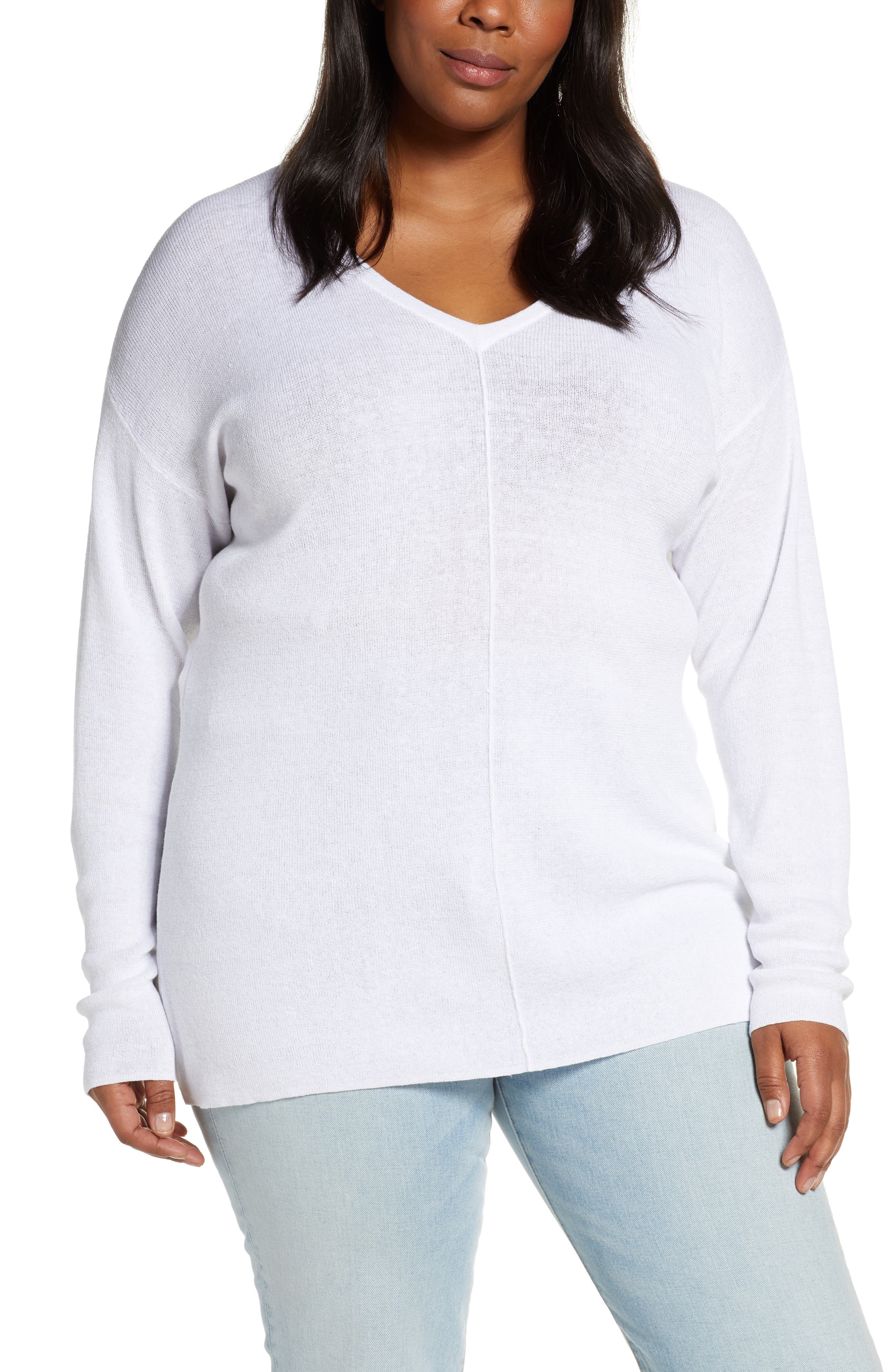 Plus Size Caslon V-Neck Linen Blend Sweater, White