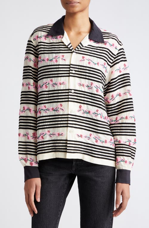 Bode Cherry Blossom Beaded Stripe Cotton & Silk Camp Shirt in Cream White at Nordstrom, Size Small