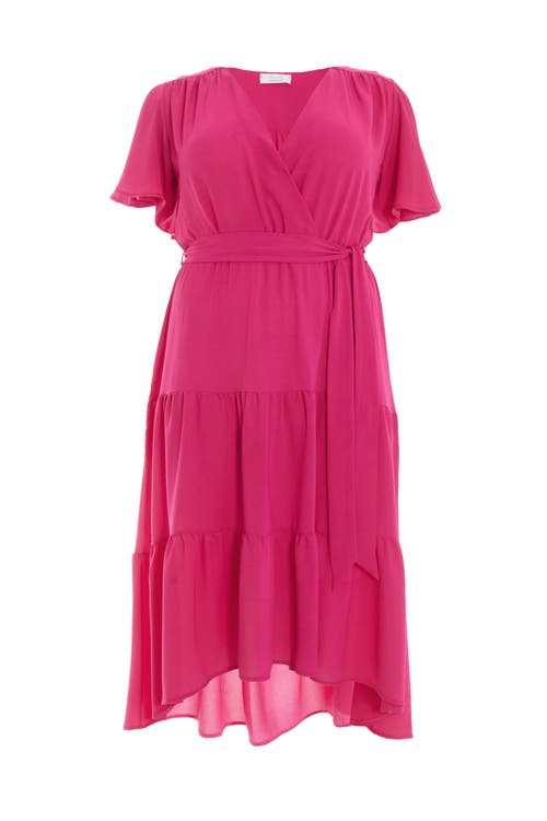 Shop Quiz Crepe Tiered Wrap Dip Hem Dress In Pink