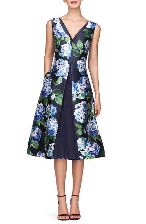 Kay Unger Giavanna Floral A-Line Midi Dress Midnight Blue at Nordstrom,