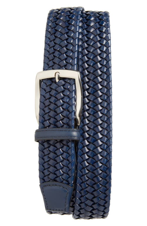 Woven Stretch Leather Belt in Navy