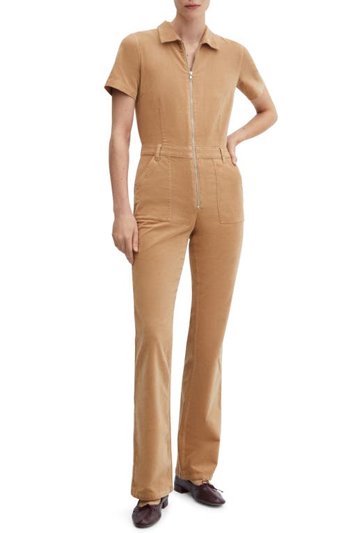 MANGO Stretch Corduroy Zip Jumpsuit Medium Brown at