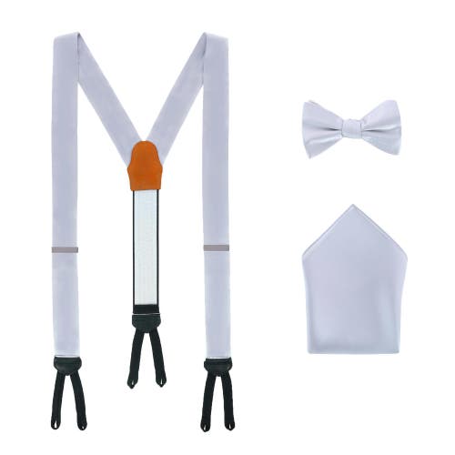 Trafalgar Sutton Solid Color Silk Brace Bow Tie & Pocket Square Combo In Silver