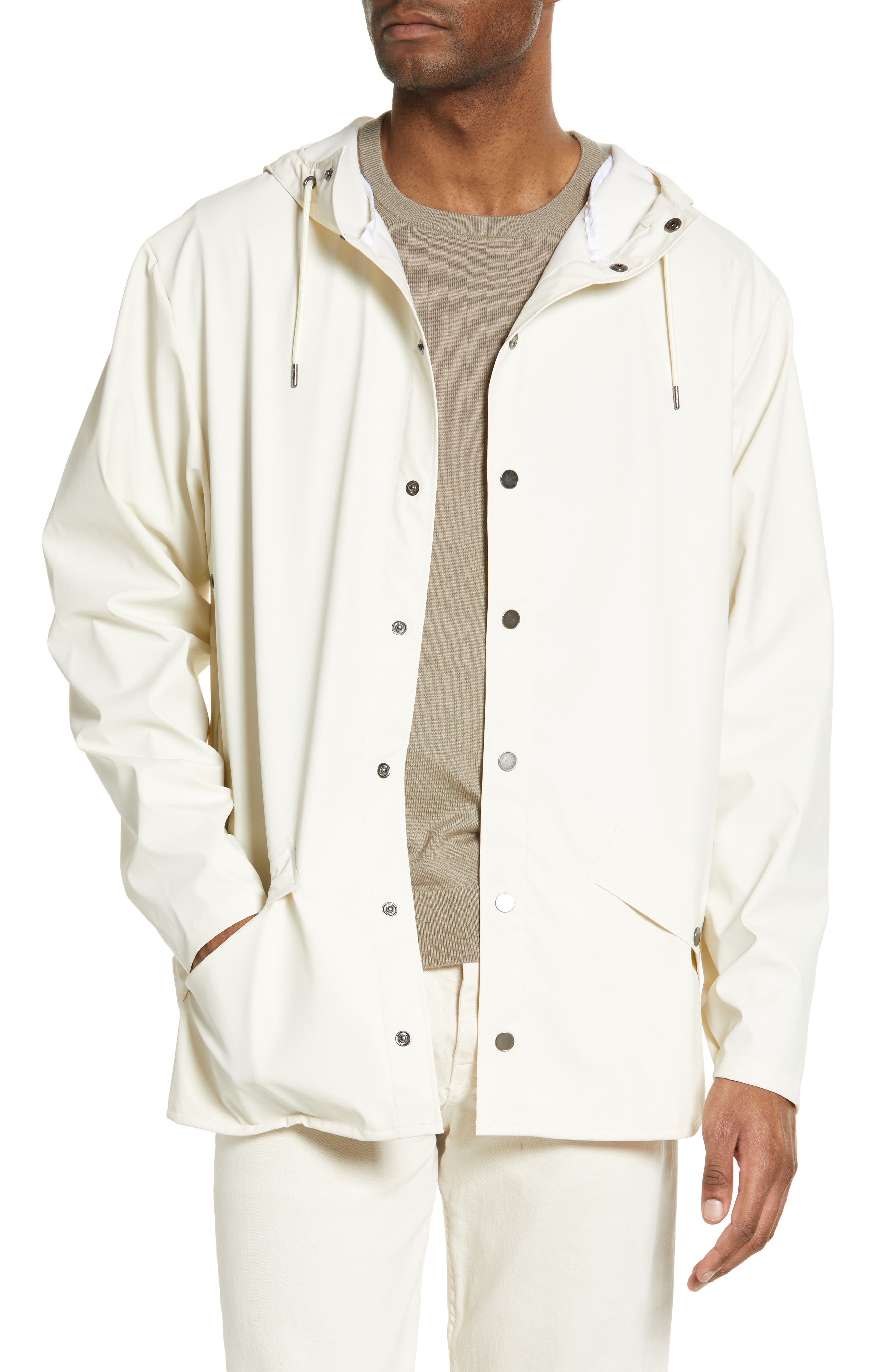 white hooded rain jacket