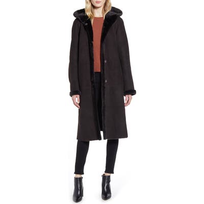 Hiso Reversible Hooded Genuine Shearling Coat, Brown